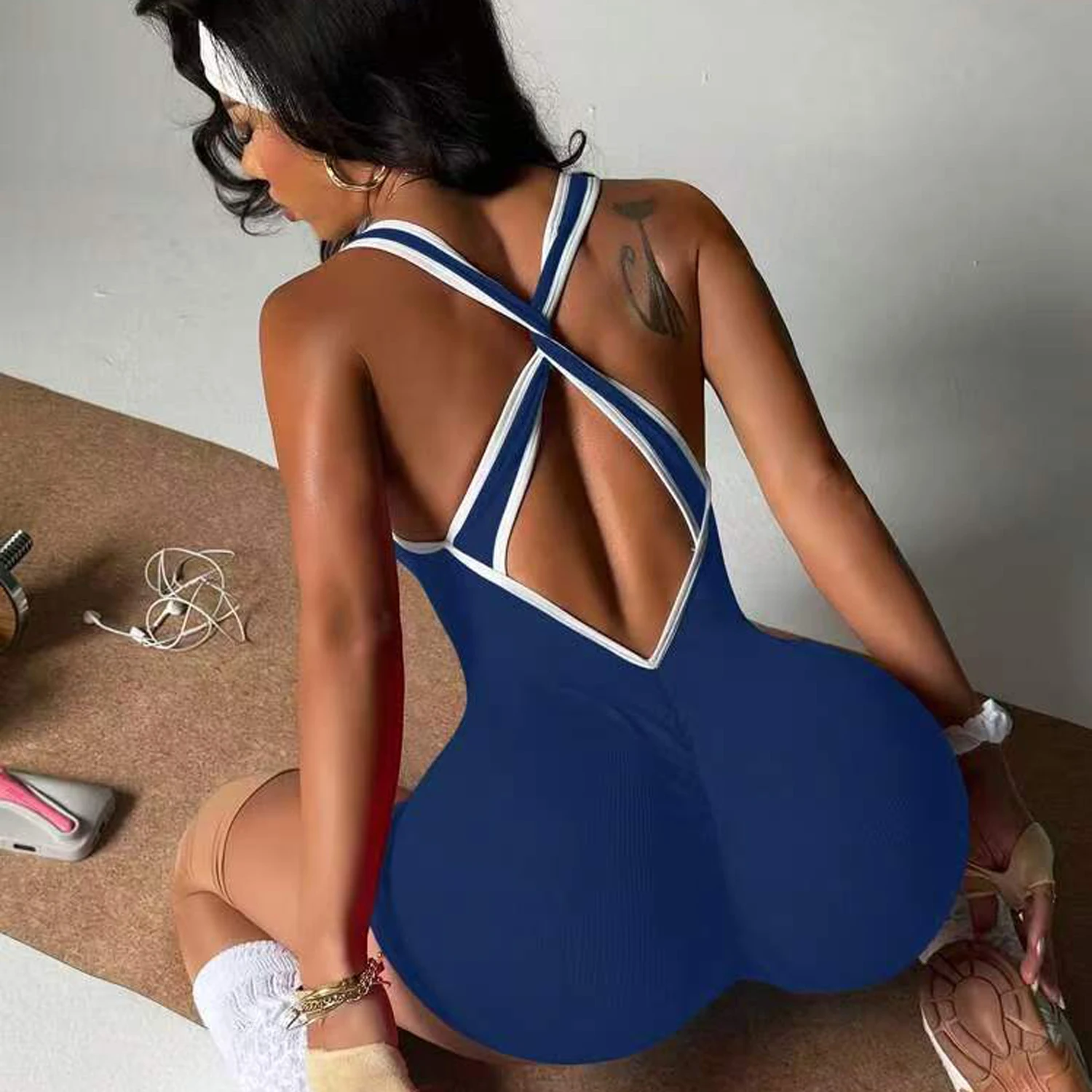 Tute da palestra incrociate da donna Pantaloncini da allenamento a righe Pantaloni da yoga Leggins Sport Fitness Collant atletici Pagliaccetti casual Linea bianca