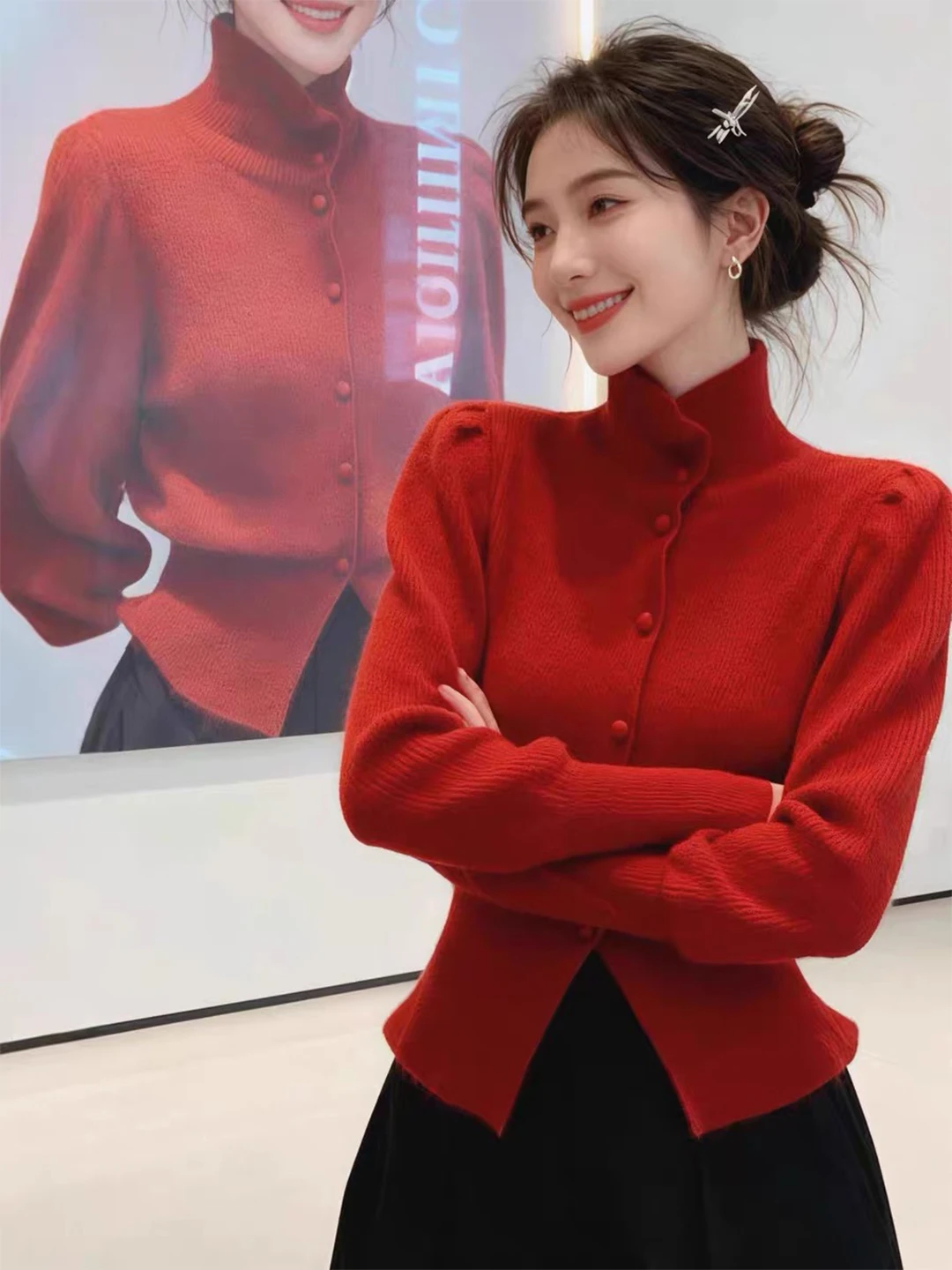 

Red High Collar Knitted Sweater Cardigan Women's Base Layer Winter Faion Lazy Sle Inner Wear New Year Luy Year