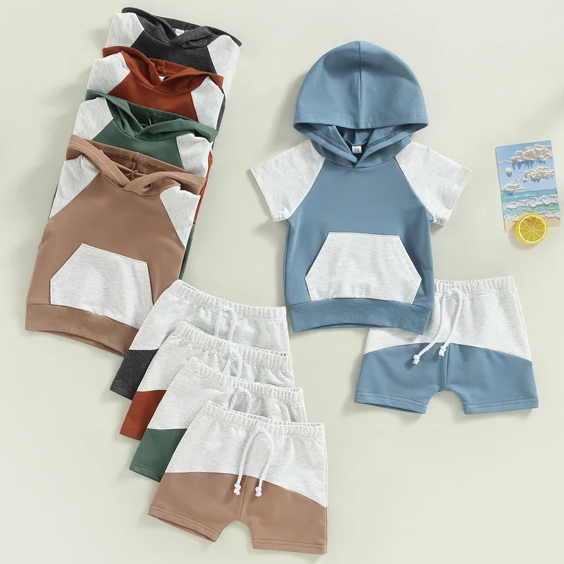 Ropa con capucha para bebés y niños pequeños, conjuntos cortos de verano 2023, Tops con capucha de manga corta, pantalones cortos con cordón, trajes