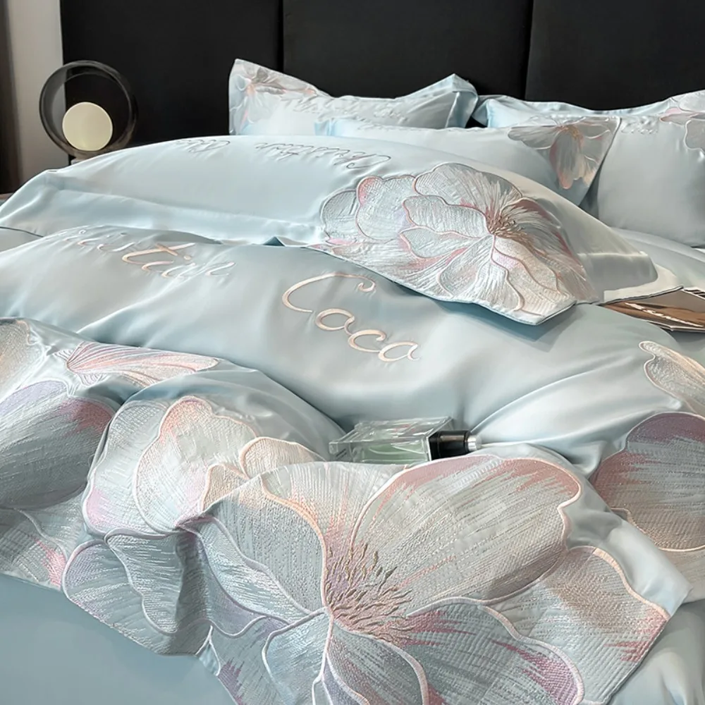 Premium Class A Cool Washed Tencel Four-piece Set Ice Silk Naked Sleeping Flower Embroidery Quilt Cover Sheet Pillowcase Bedding