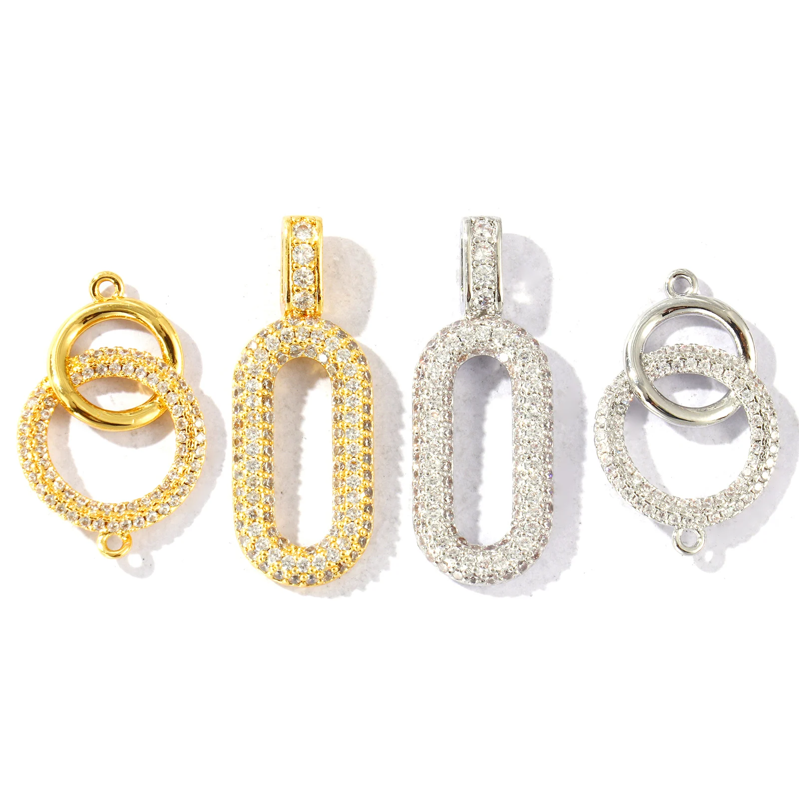 1 Piece Geometric Connectors Charms Pendants Multicolor Clear Cubic Zirconia Brass Oval Twin Rings For Necklace Earrings Making
