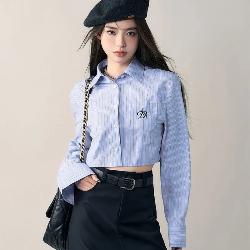 Embroidered Blue Striped Shirt Women Single-Breasted Turn-Down Collar Long Sleeve Sexy Cropped Tops High Street Classic Blouses