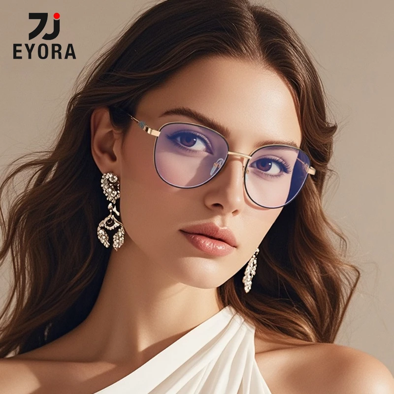 

EYORA Skinny Face Metal Cat Eye Minimalist Reading Glasses Anti Blue Ray Myopia and Hyperopia Photochromic Prescription Eyewear