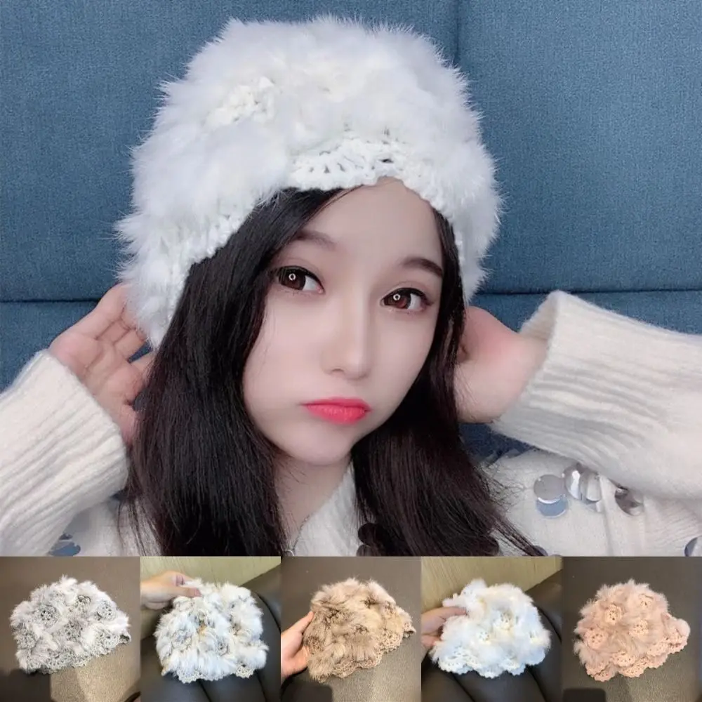 Fashionable Multicolor Crochet Rabbit Fur Hat Handmade White Plush Toe Cap Windproof Warm Knitted Hat Outdoor