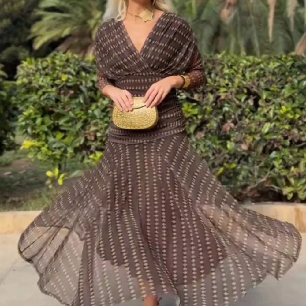 

Casual Women's Dresses Spring Summer New Fashion Loose Comfortable Printed Party Dress Short-sleeved V-neck Mid-waist Long Dress