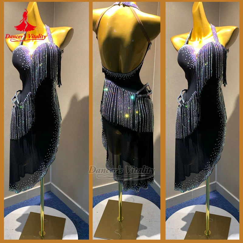 Adult Chacha Samba Inclined Lower Hem Sexy Dress Luxurious Custom Dancer's Vitality Latin Dance Perform&Contest AB Stone Clothes