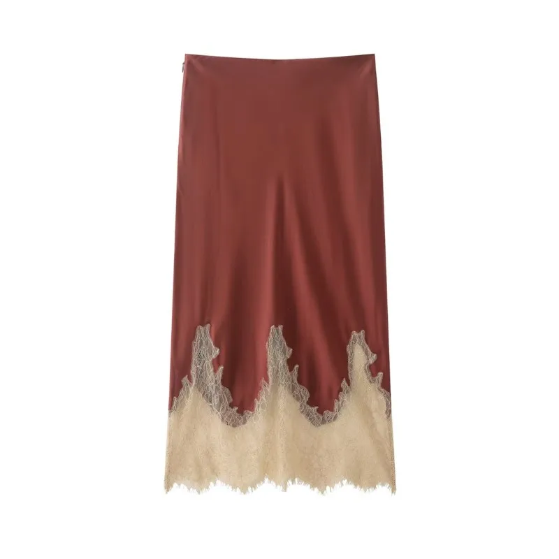 

Women Lace-Trim Satin Midi Skirt High Waist Elegant Wrapped Hip Long Skirts Party 2025 Fashion Trends Femald Clothing