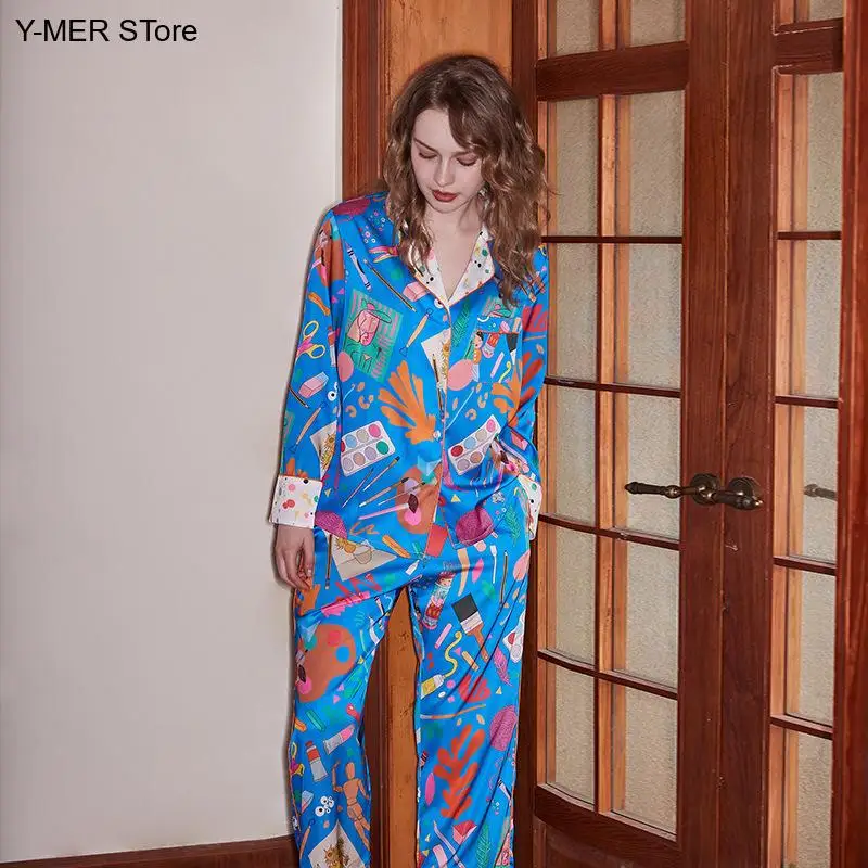 

2026 New Women Blue Stationery Print Pajamas Set Long Sleeve Faux Silk Loose Cartoon Homewear Summer Casual Sleepwear