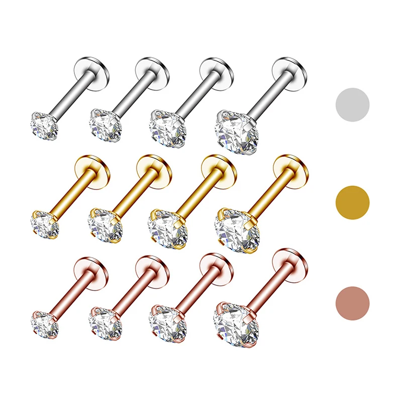 10Pcs/Lot 16G Stainless Steel Earrings Labret Lip Studs Set 2/3/4/5MM CZ Crystal Ear Cartilage Tragus Piercings Piercing Jewelry