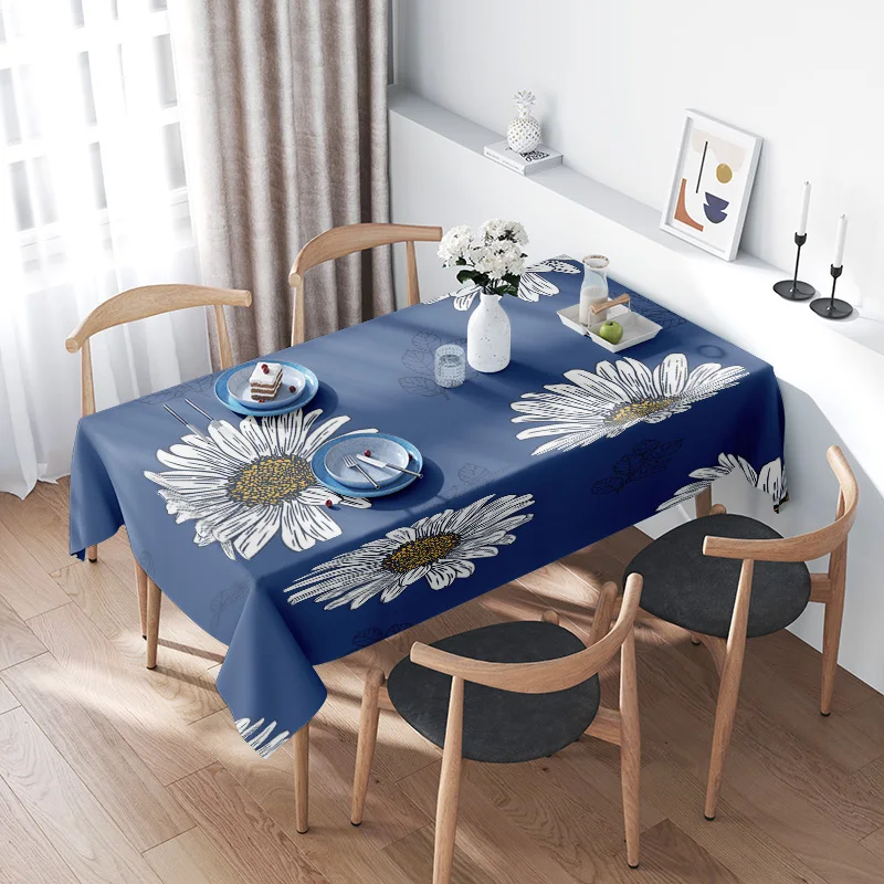 Hand-painted floral pattern tablecloth made from cotton linen fabric for home decoration navy blue color with white daisies on a