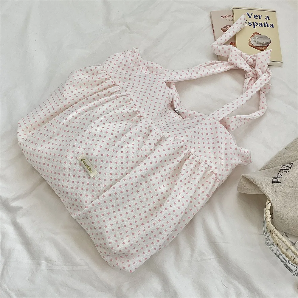 

Cute Sweet Canvas Pleated Shoulder Bag Large Capacity Polka Dot Cloth Hobo Bag Korean Style Casual Underarm Bag Shopping
