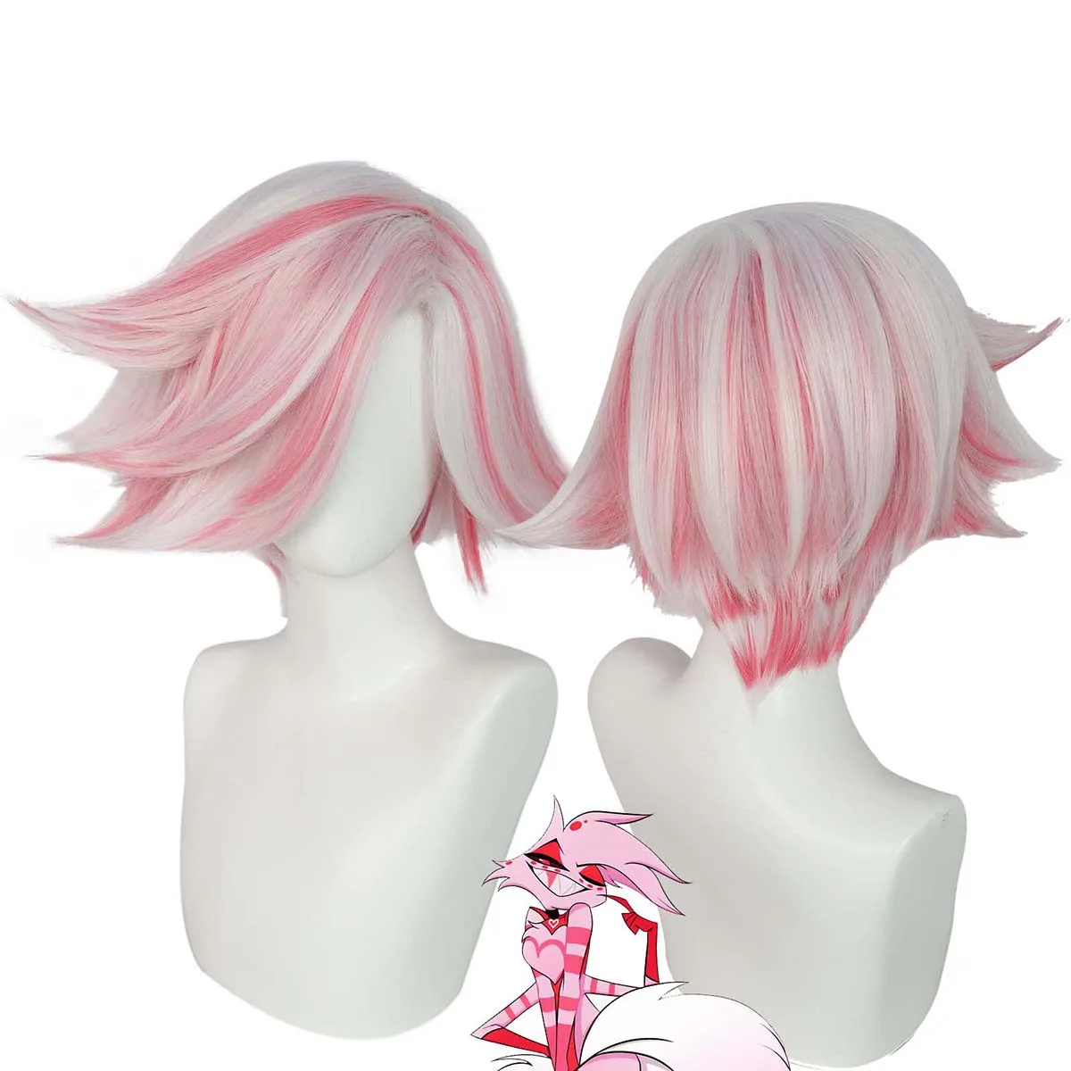 Halloween Carnaval Dames Angeldust Cosplay Roze en Zilverwit Synthetisch Kort Haar Pruik