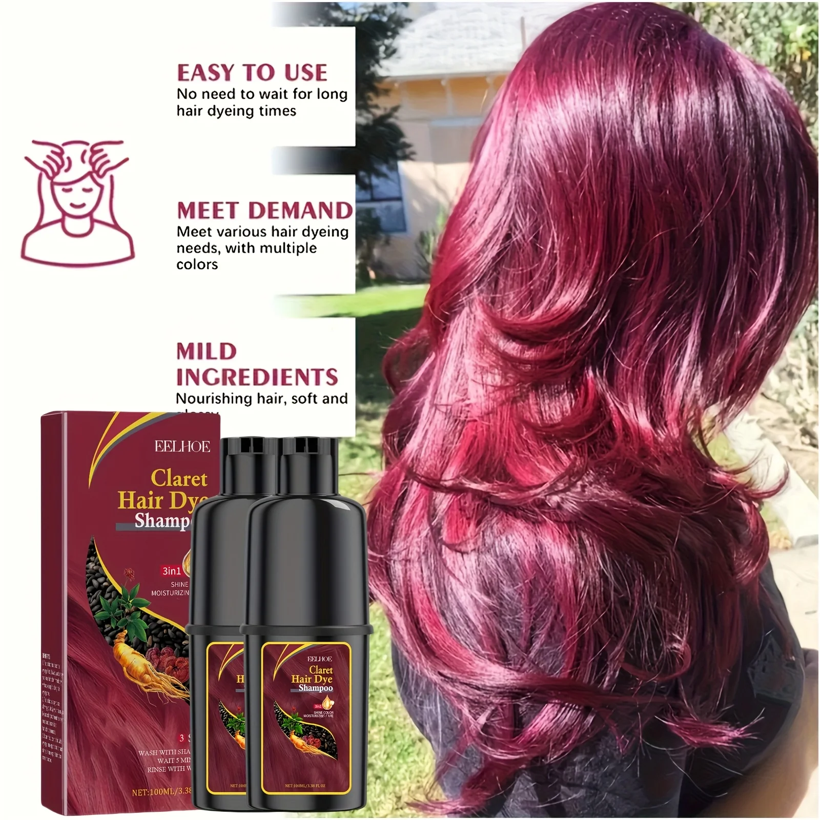 

Buy One Get One Free Fast-acting Hair Dye Shampoo - Deep Wine Red, Covers White Hair, Ginger Ginseng Extract