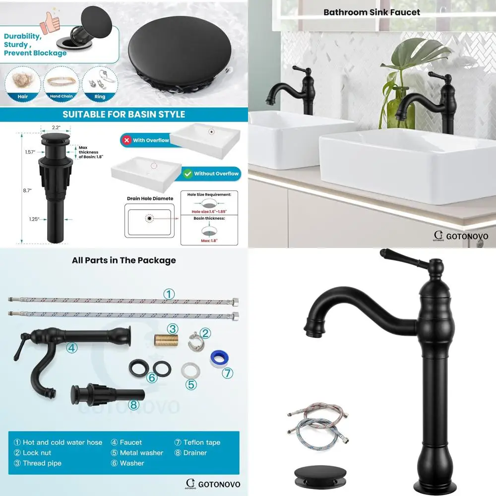 

360° Swiveling Single Handle Bathroom Sink Faucet with Pop-Up Drain, Matte Black Farmhouse Style