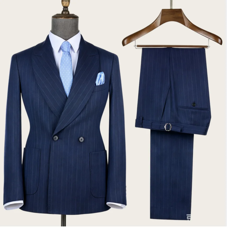 Navy Blue Men’s Suits Double Breasted Shawl Lapel with Patch Pocket Tuxedo for Wedding Meeting Business Blazer Wear Customized