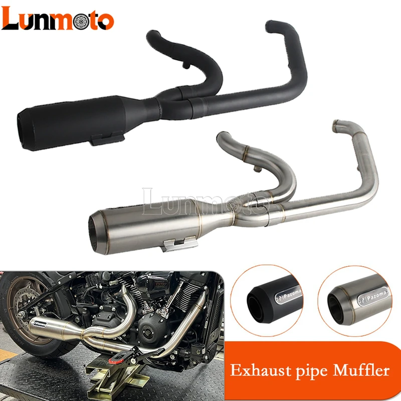 Motorcycle 18mm&12mm O2 Bung 2‑into‑1Full Exhaust Pipe Double Big‑Bore Muffler For Harley Softail FXLR FXLRS FXST Fat Bob FXBBS