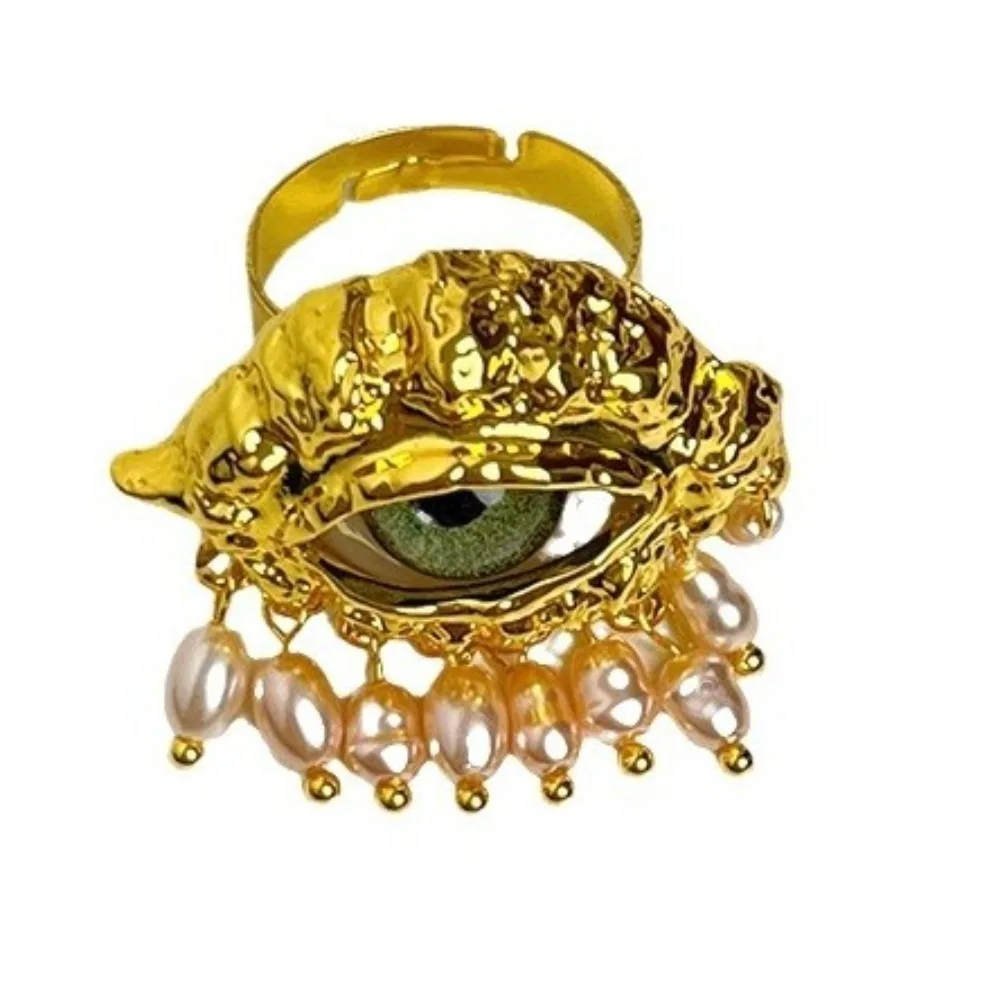 Jewelry Vintage Devil's Eye Ring Tassels Delicate Glaze Ring Trendy Imitated Pearl Opening Finger Ring Girls