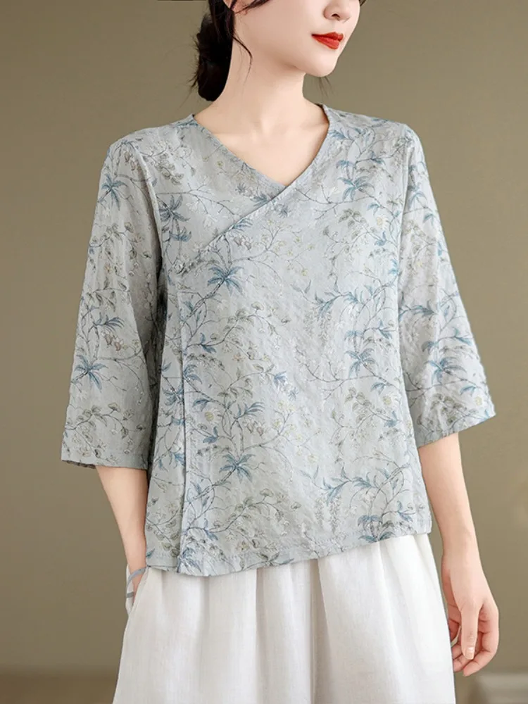 

Summer Thin Cotton Linen Print irt Women's V-ne Svel Loose Fit Casual Faion Commute Sle Seven-quarter Sve