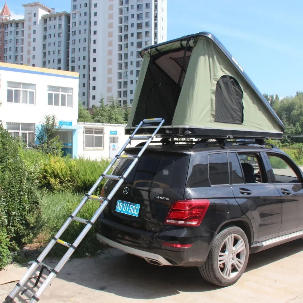 Suitable for camping Gear Fireproof Glass Triangular Hard Shell Roof Top Tent Side Open