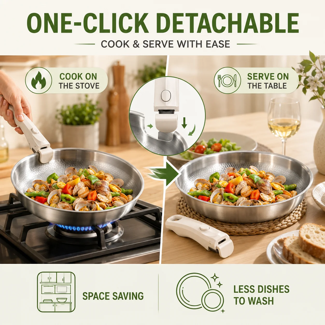 Detachable Handle Frying Pan 3 Ply Stainless Steel Uncoated Skillet Dishwasher Safe Space Saving Cookware For Gas Induction