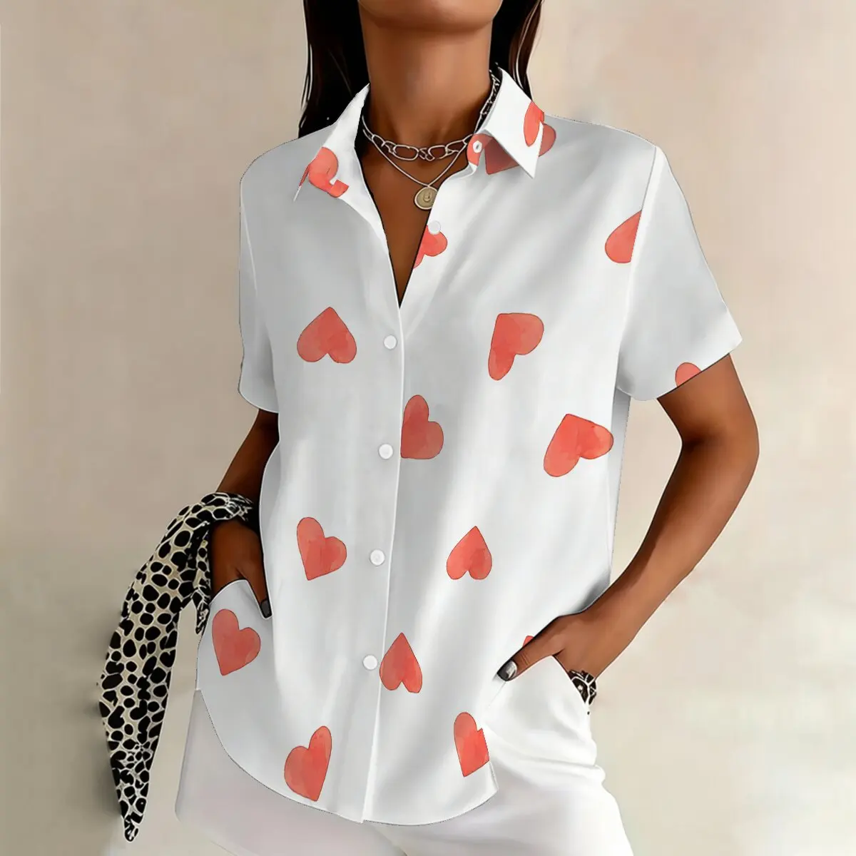 

Летняя женская рубашка больших размеров с коротким рукавом, с милым декором в виде сердечек, простая, изящная и модная, для прогулок и свиданий.