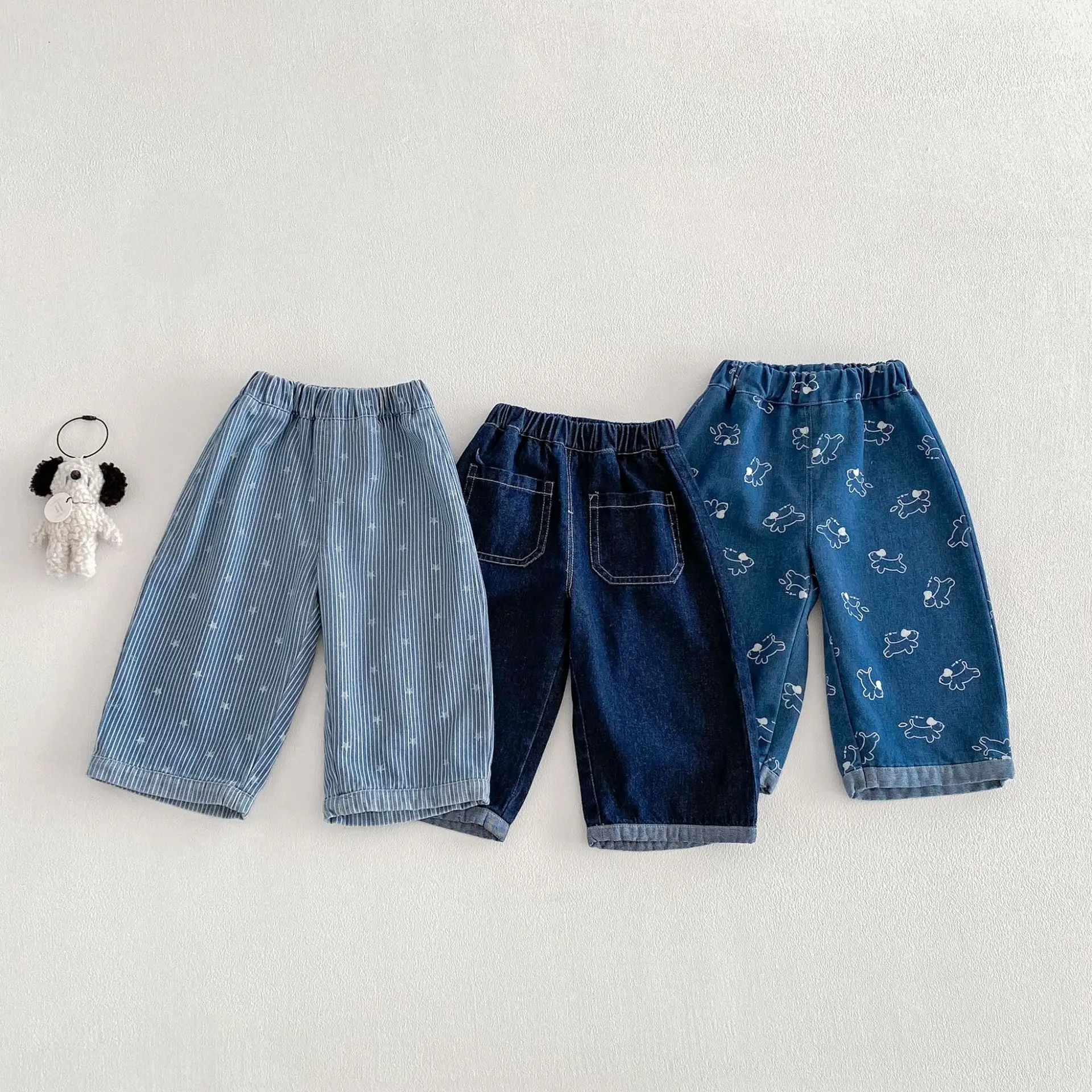 2026 Spring 6M-5T Childrens Pants Multi-Print Designs Girls Jeans Rolled Cuffs Elastic Waist Causal Pants for Girls