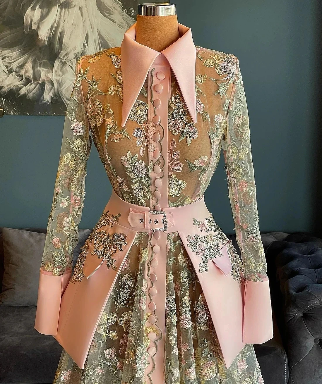 Pink Prom Dresses Haute Couture A-line Long Sleeves Lace Saudi Arabia Dubai Robe De Soiree Evening Dress Gown Customized