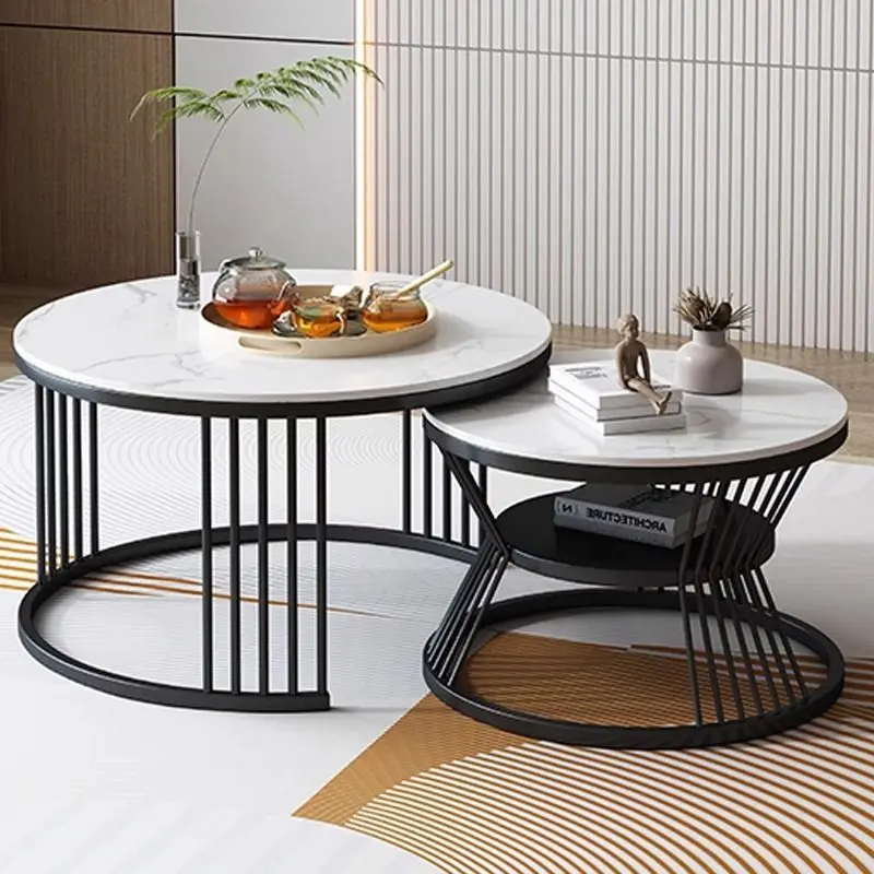 Simple White Metal Sintered Slab Gold Luxury Modern Easy To Clean Nesting Coffee Tables Living Room Set Home