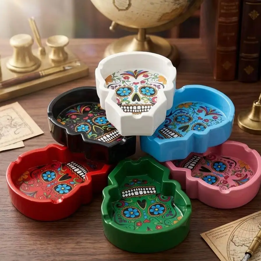 Cool Sugar Skull Ashtray Decorative Cigarette Holder Gothic Ash Tray for Halloween Party Man Cave Home Bar Decor
