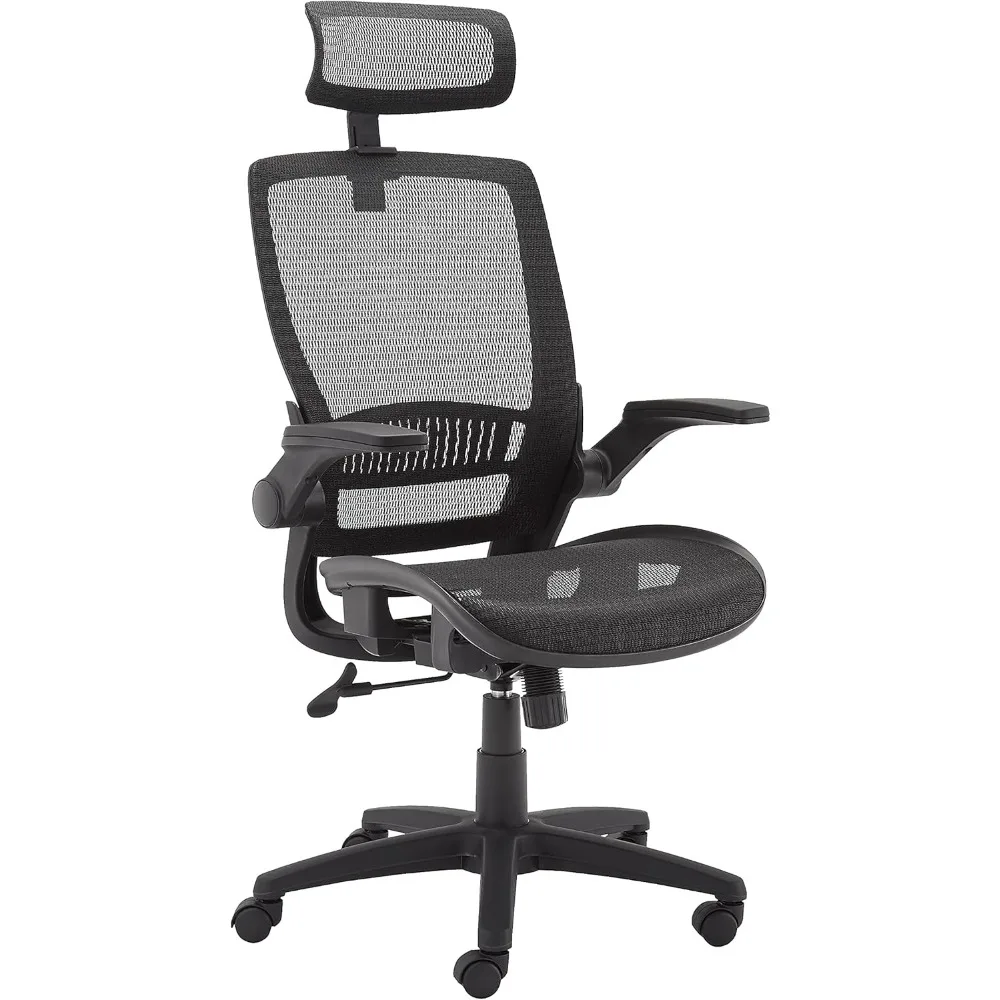 Ergonomic Adjustable High-Back Chair with Comfortable Flip-Up Armrests, Contoured Mesh Seat, Swivel - Black