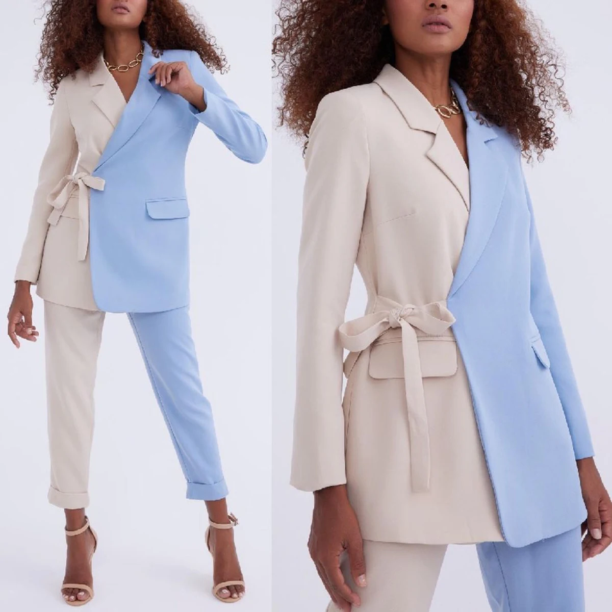 Simple Lace Up  Women Suits Notched Lapel Blazer+Pants 2 Piece Slim Fit Casual Pocket Patchwork 2 Colors Suit Set Customized