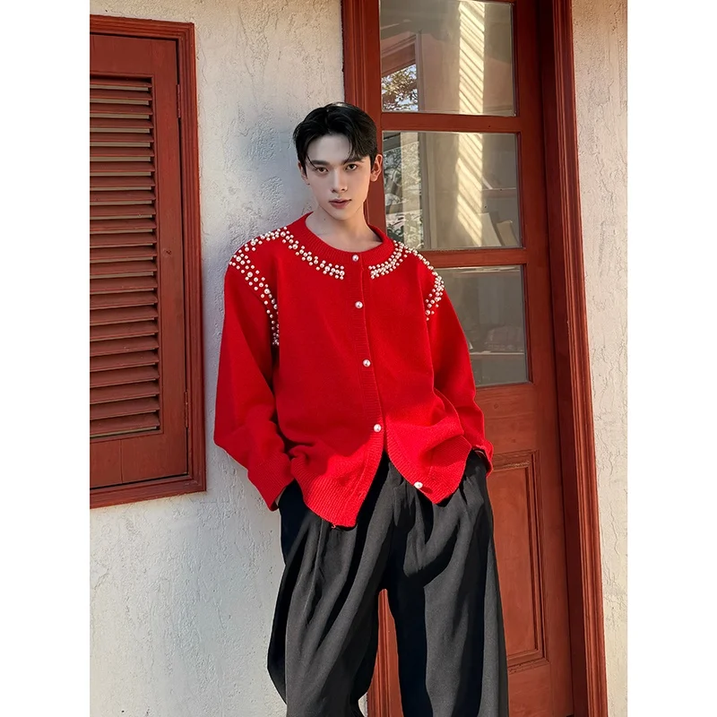 

Осень-зима круглый трикотажный кардиган мужской свободный повседневный Embellied Pearl открытая рубашка Sle удобный винтажный волокнистая смесь