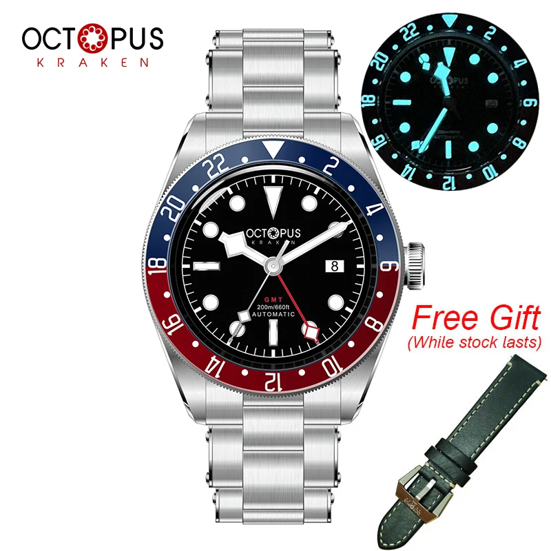 OCTOPUS KRAKEN Hangzhou 6460 GMT Dual Time 200M Automatic Men's Diver Wrist Watch 39mm BGW9 316L Pepsi Bezel Free Leather Strap