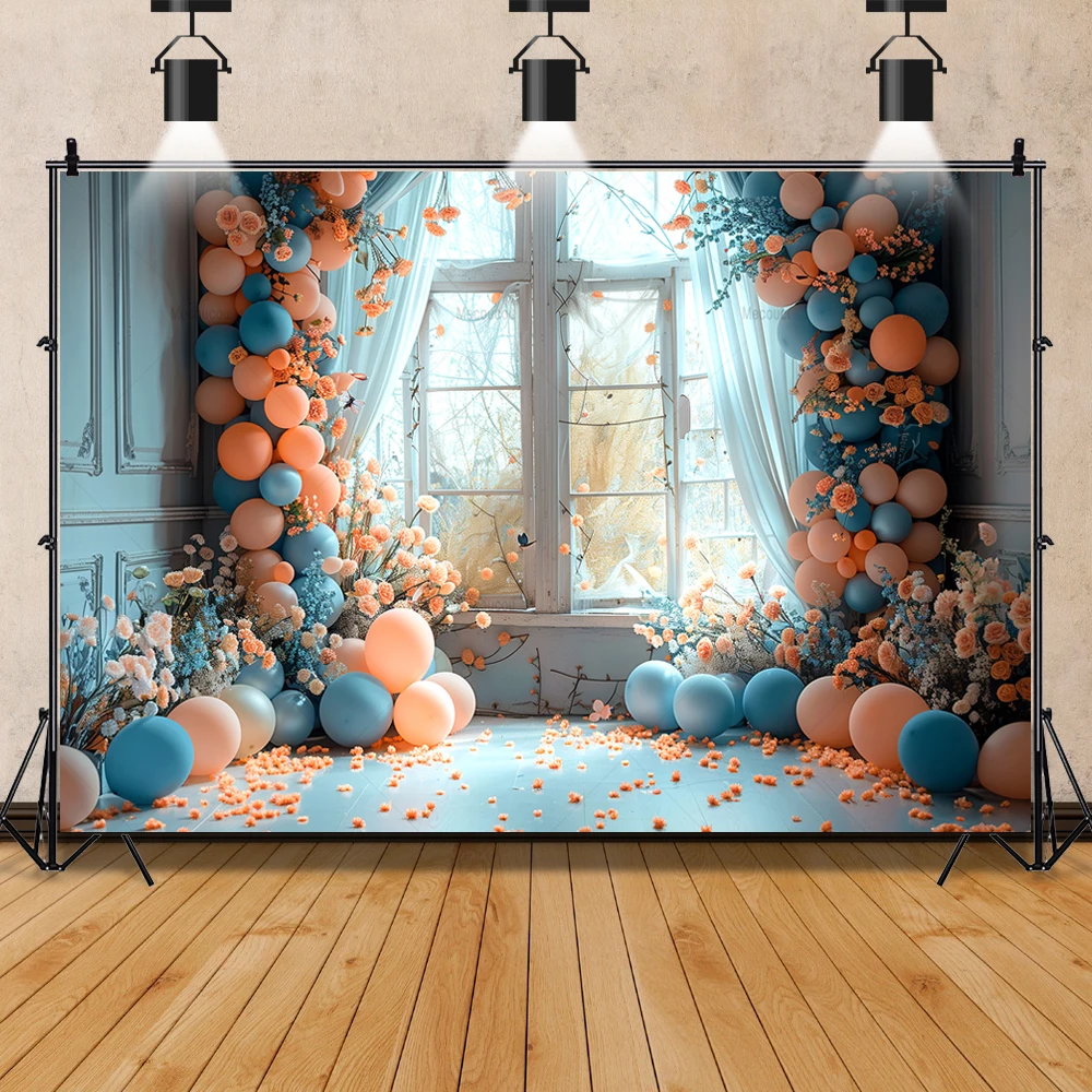 Baby\'s 1 Birthday Background Photography Window Screen Balloon flower vine smash Party Baby Shower Custom Backdrop Photo Studio