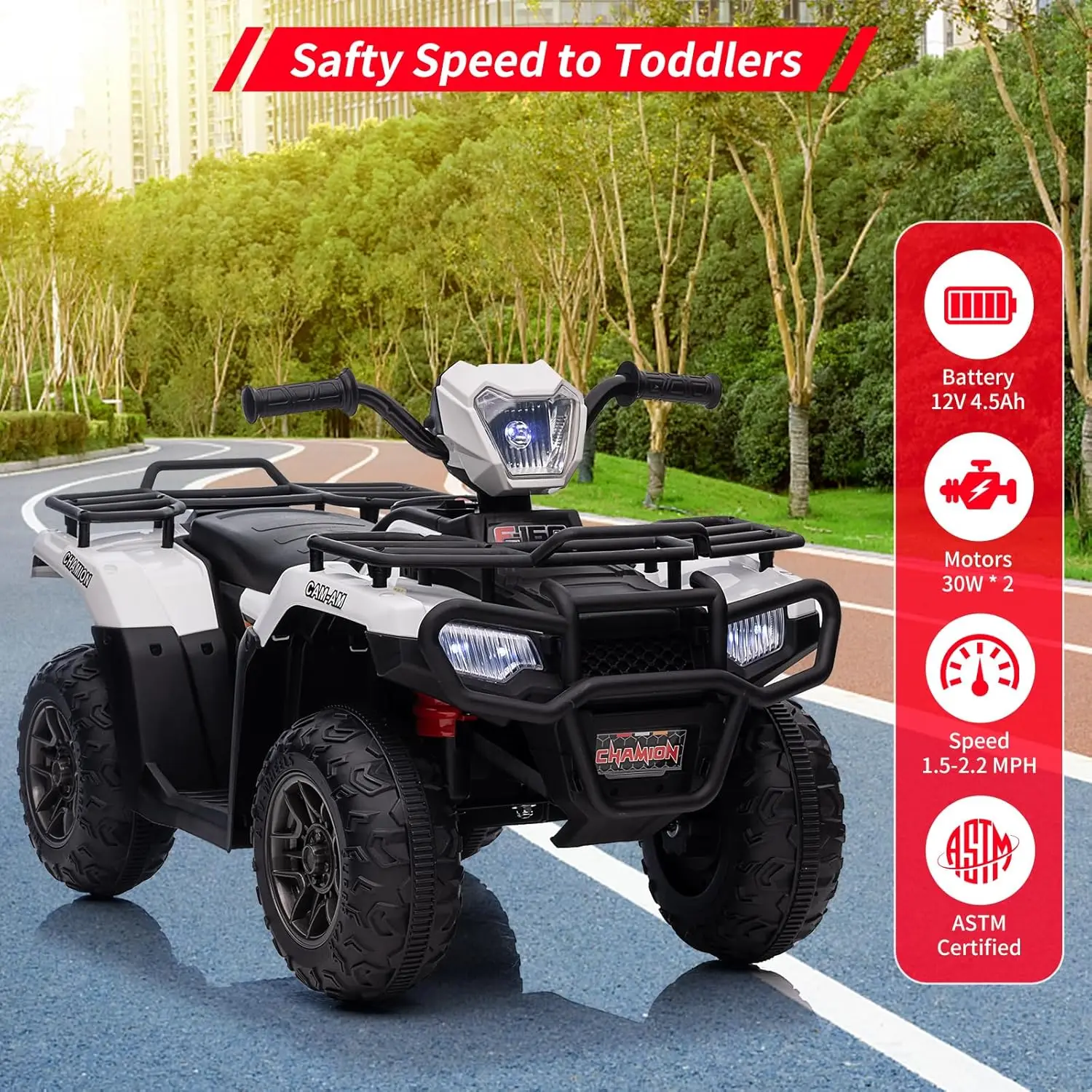 12V paseo en ATV para niños pequeños vehículo eléctrico alto/bajo 2,2 mph velocidad de seguridad luz LED, música, USB para niños niñas regalo blanco