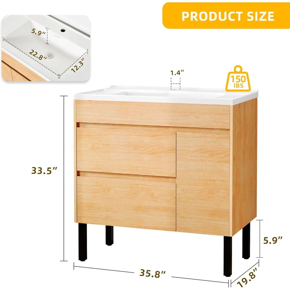 36 Inch Bathroom Vanity with Undermount Ceramic Sink, Natural Brown Bathroom Sink Cabinet, Modern Bathroom Storge Vanity