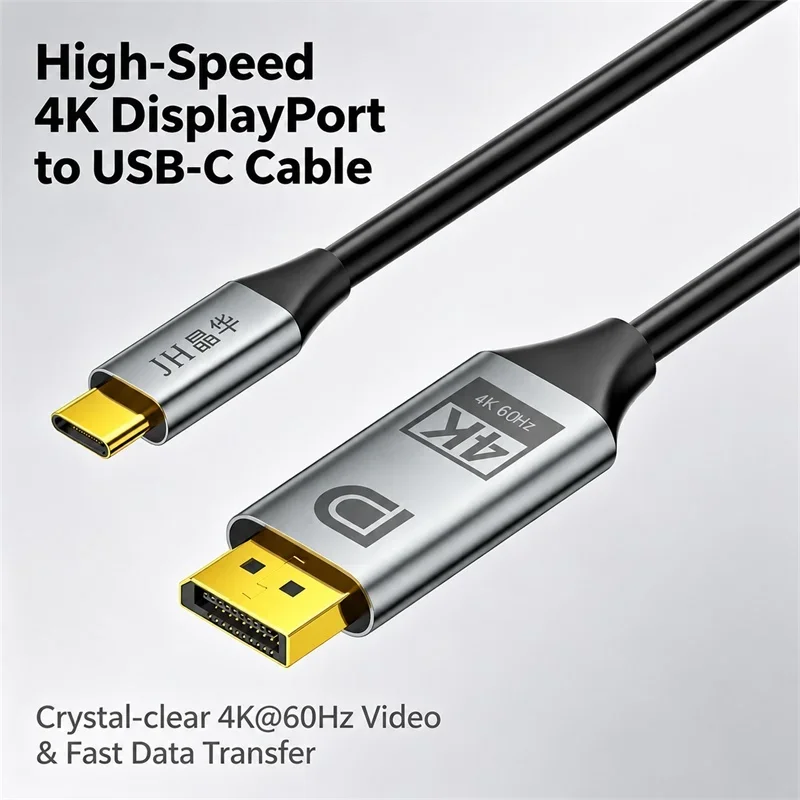 JH-Link USB-C to DP Cable, 4K@60Hz HDR, 2K@165Hz, VRR ALLM, for Laptop, Phone to Monitor/Projector