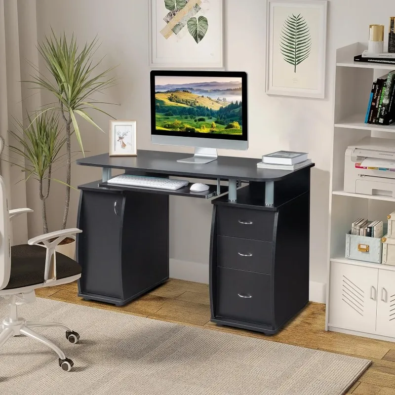 Computer Desk with Drawers & Storage Cabinet, Small Office Desk PC Laptop Workstation for Home, Studio, Office, Apartment, Black