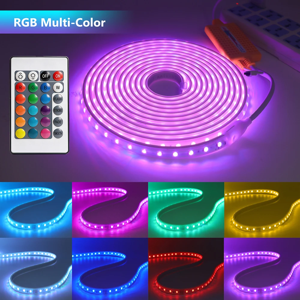 220V 5050 RGB 60 LEDs Strip Light Tape Waterproof Flex Ribbon with 24key Remote EU Power Plug for Booth Trade Show Stage Display