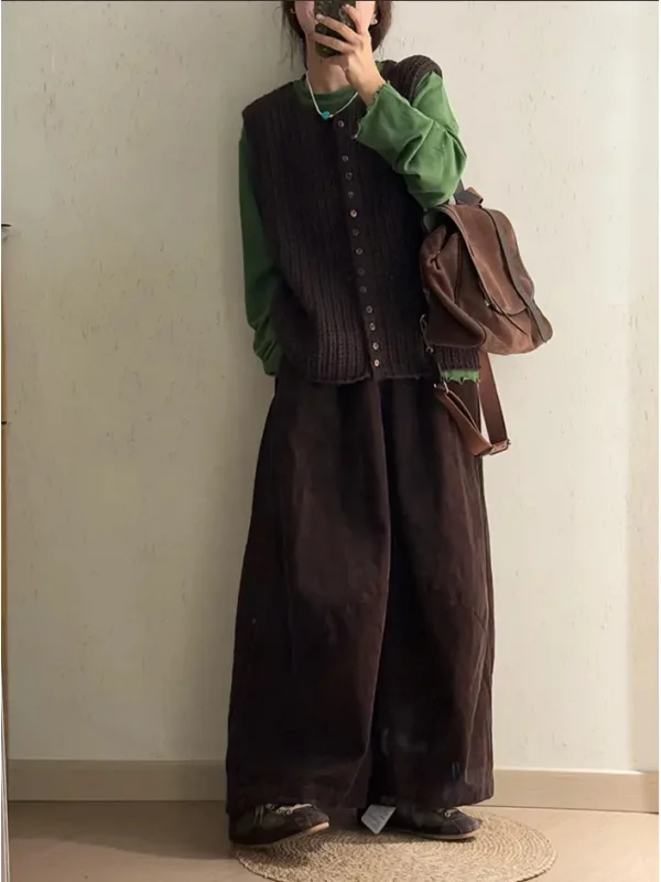 

Шикарный коричневый вязаный жилет и базовый комплект, женский модный осенний наряд, длинные брюки с высокой талией, корейская одежда для поездок на работу