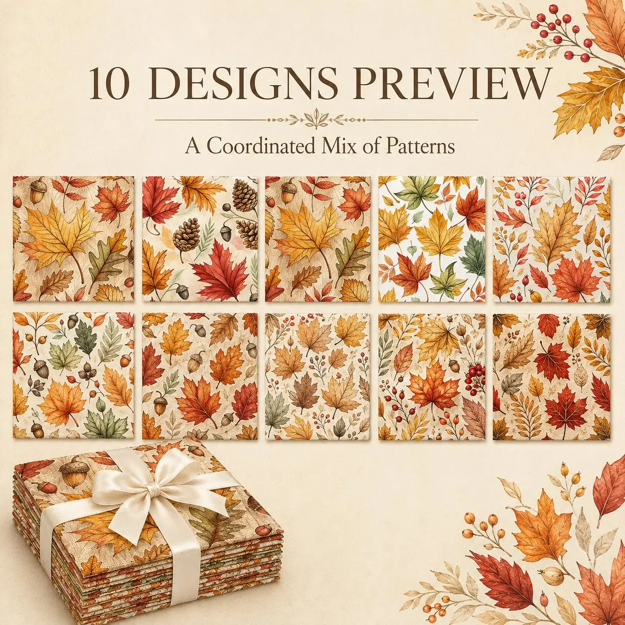 10pcs Charm Pack Set  Maple Leaf Autumn Handmade DIY  Polyester Patchwork In 10 Design Styles Suitable For Patchwork