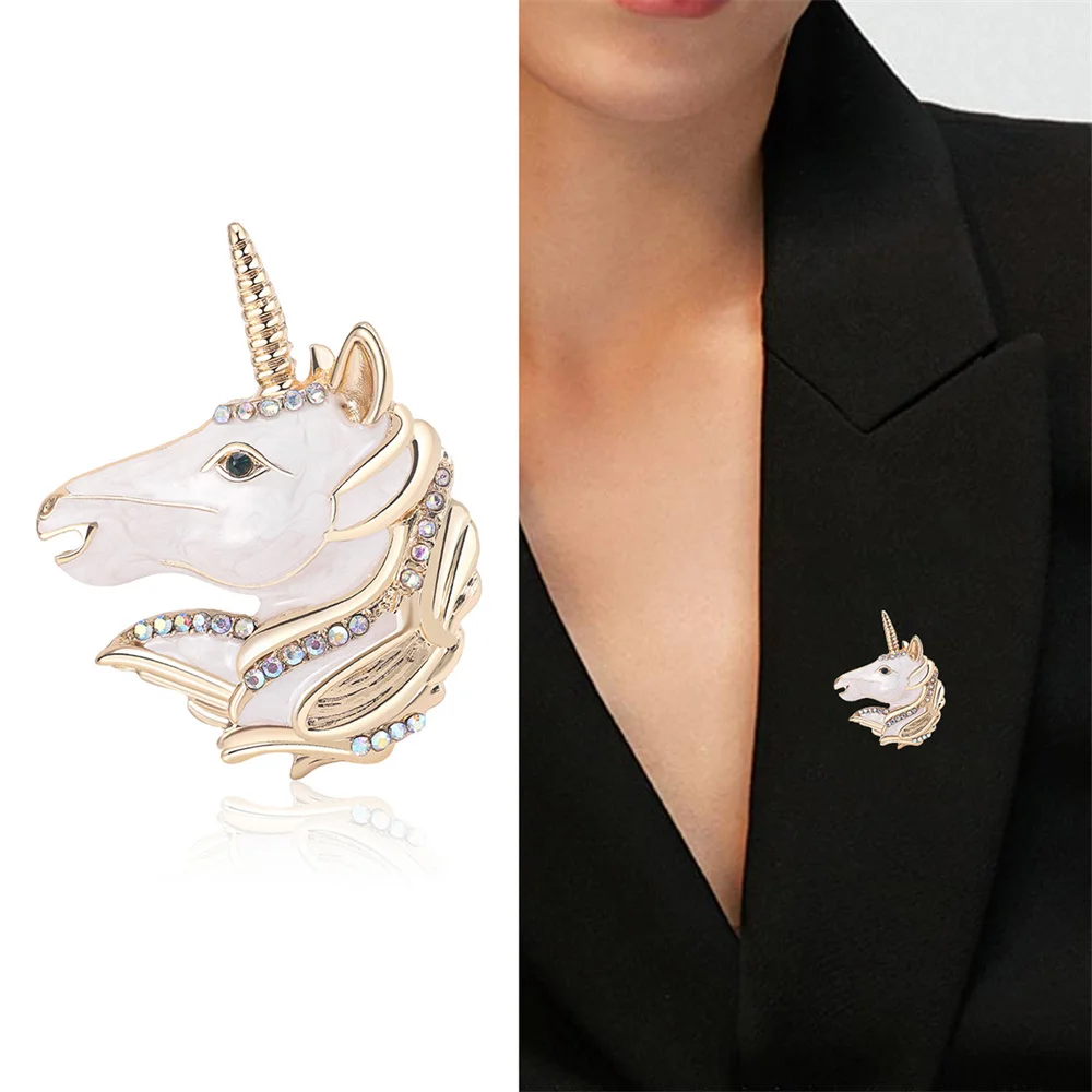 Unique Enamel Gold Color Unicorn Brooches for Women Luxury Design Blue Rhinestone Horse Metal Animal Brooch Pins Birthday Gifts