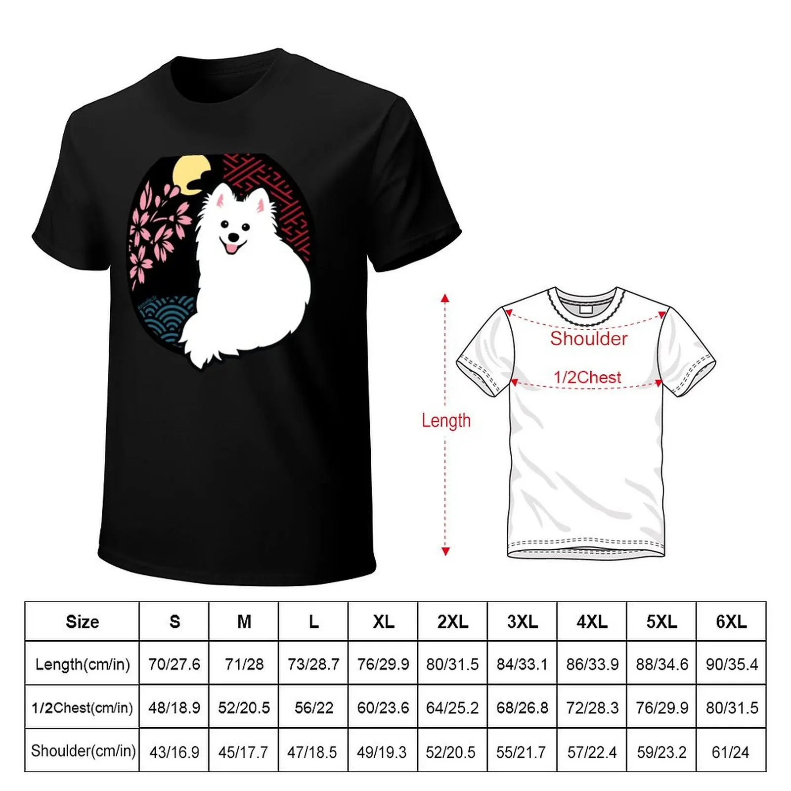 Happy Spitz Dog & Sakura - Japanese Kirie Paper Cutting Art Style (Black) T-Shirt Casual Street Style Short Sleeve Tee