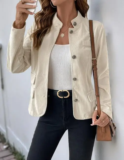 

Women's Outerwear Autumn Fashion Casual British Style Solid Simple Stand Up Collar Button Front Slim Fit Long Sleeved Jacket