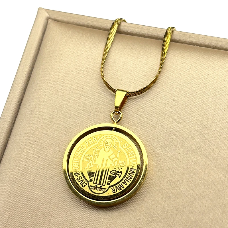 تدوير الكاثوليكية سانت بنديكت ميدالية قلادة للنساء الرجال الفولاذ المقاوم للصدأ الذهب اللون سلسلة القلائد مجوهرات سان بينيتو