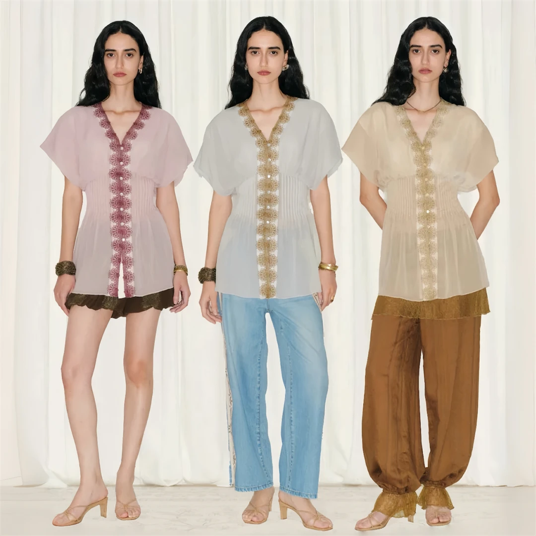 Camisa Sem Mangas Estilo Boêmio  Pala, Bordada, Leve, Moda de Primavera, Estilo Francês, Corte Solto, Decote em V, To...