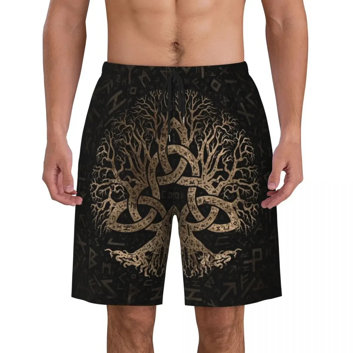 Tree Of Life With Triquetra On Futhark Boardshorts Mens Dry Board Shorts Yggdrasil Swim Trunks Custom Printed Swimwear Suits