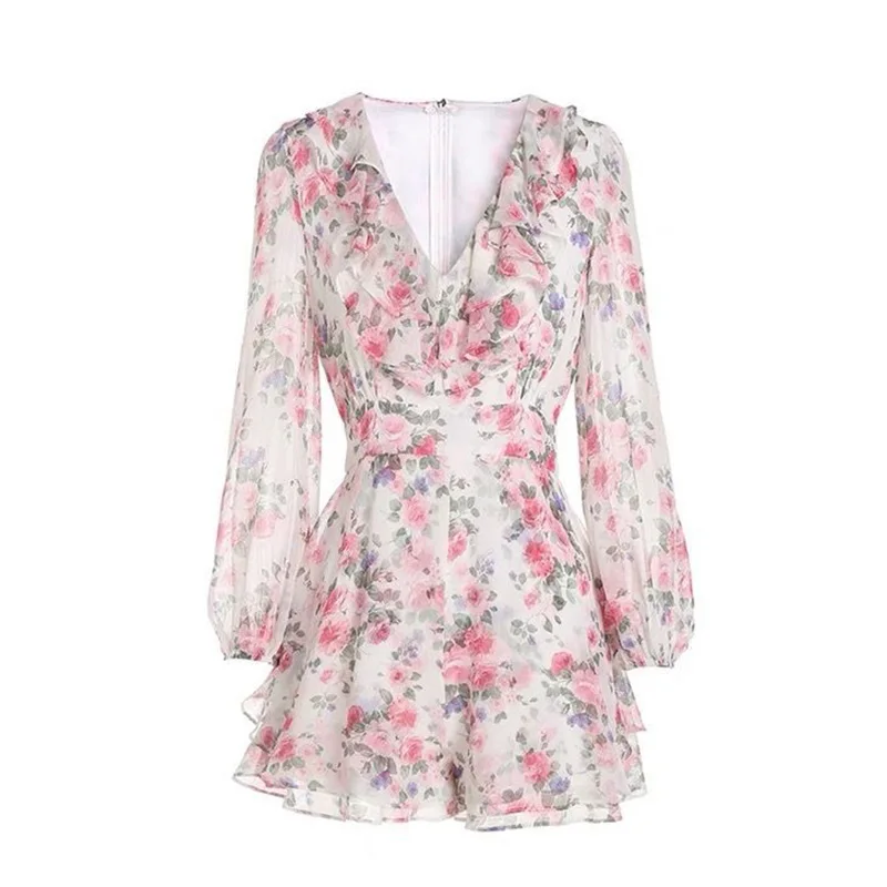 2024 New Spring Summer Sweet Printing V-neck Long Sleeve Floral Dress Femme Cute Ruffles Chiffon Mini Dress Women Clothing Slim