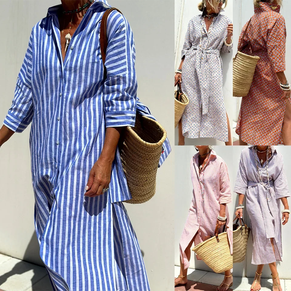 Long Sleeve Shirt Dress For Women Elegant Belt Long Dresses 2025 Fashion Print Button Lapel Neck Casual Vestidos Robe Femme