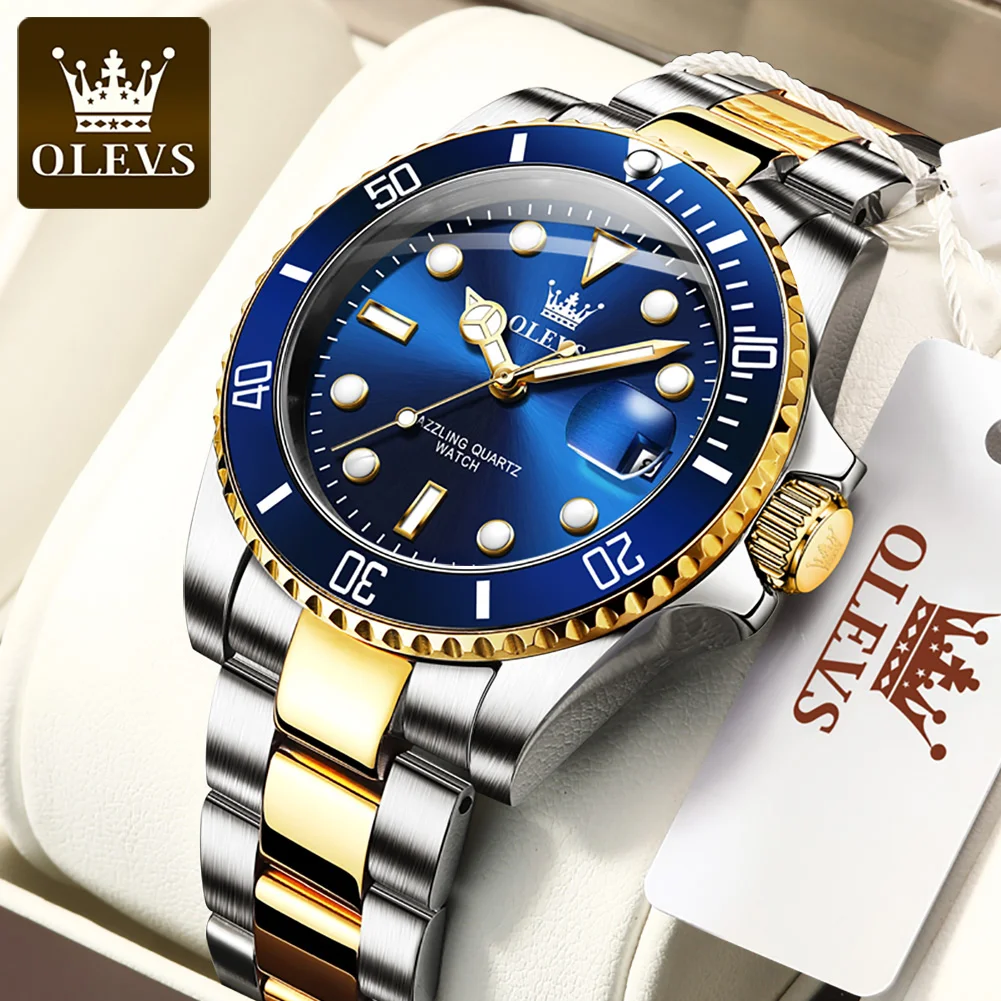 OLEVS Men's Watch Luxury Top Brand One-Way Rotating Outer Ring Design Quartz Watch for Men Auto Date Waterproof Wrist Watches